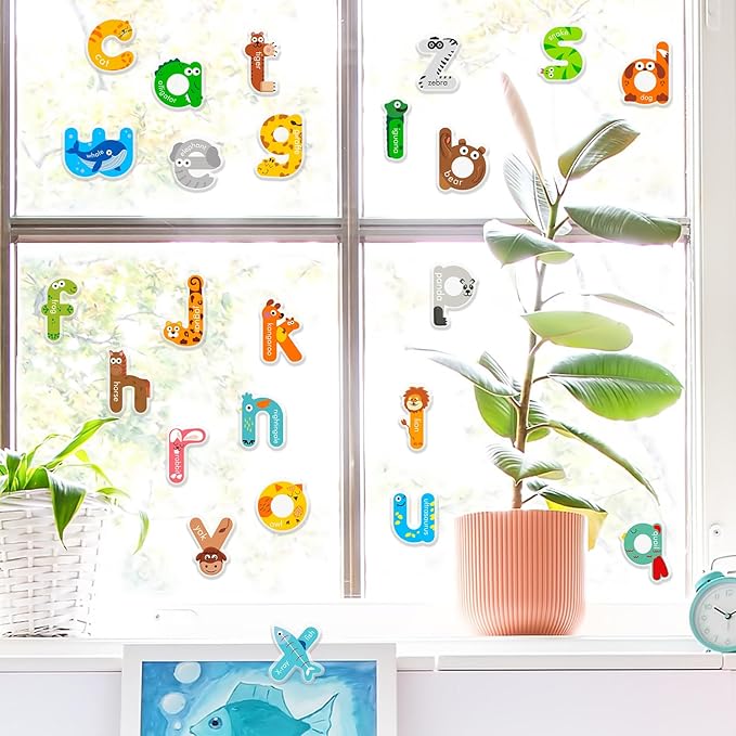 Whaline 52Pcs Alphabet Letters Thick Gel Clings Cute Animal Lowercase Letters Window Gel Decals for Educational Spelling Learning Home Classroom Nursery Decor, 2 Sheets