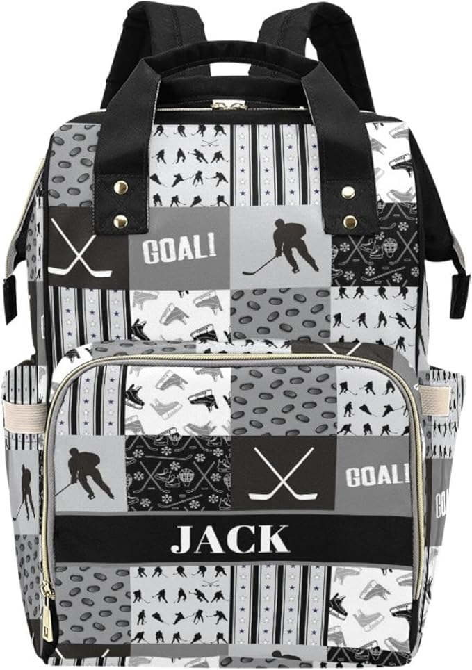 Custom Hockey Baby Diaper Bag with Name – Personalized Nursing Travel Tote Backpack for Mom or Dad, Custom Name Baby Daypack Gift