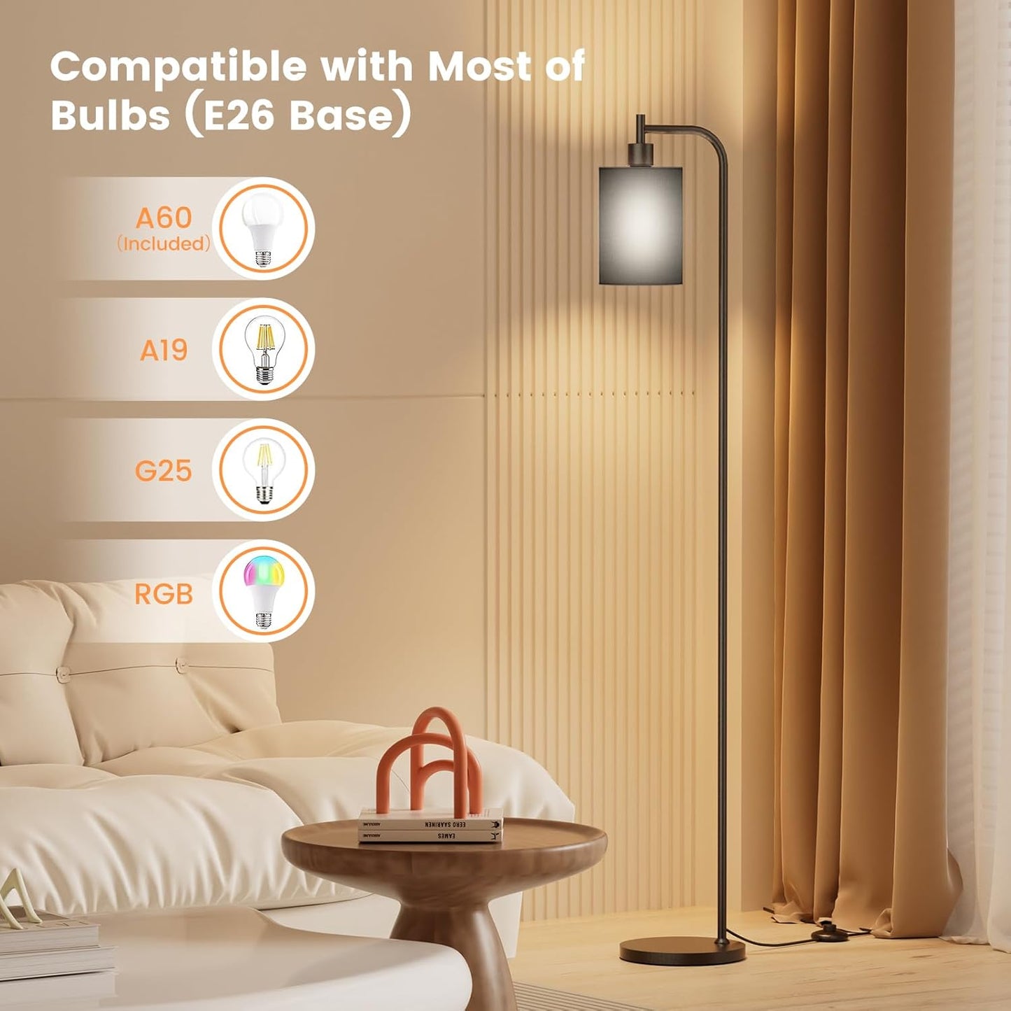 Floor Lamp with Linen Shade, Dimmable Tall Standing Lamp with Remote Control & 3 Color Temperatures, Modern Floor Lamps for Living Room Bedroom Office Corner, 9W LED Bulb Included
