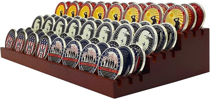 100% Solid Wood Challenge Coin Display Stand,Three-Tier Coin Rack Military Coins Display Holders Shelves,9 Row Wooden Army Collectible Coins Holder Case Holds 60-75 Coins