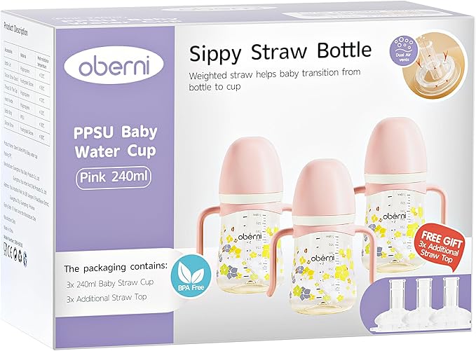 PPSU No Spill Sippy cups,Weighted Straw Toddler Water Bottle with Handle,Spill Proof Toddler Cup with Leakproof Spout for Baby 6-12 Months and Toddlers 1-3 (8 Ounce, Pink, 3 Pack)