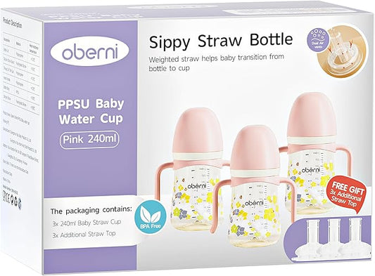 PPSU No Spill Sippy cups,Weighted Straw Toddler Water Bottle with Handle,Spill Proof Toddler Cup with Leakproof Spout for Baby 6-12 Months and Toddlers 1-3 (8 Ounce, Pink, 3 Pack)