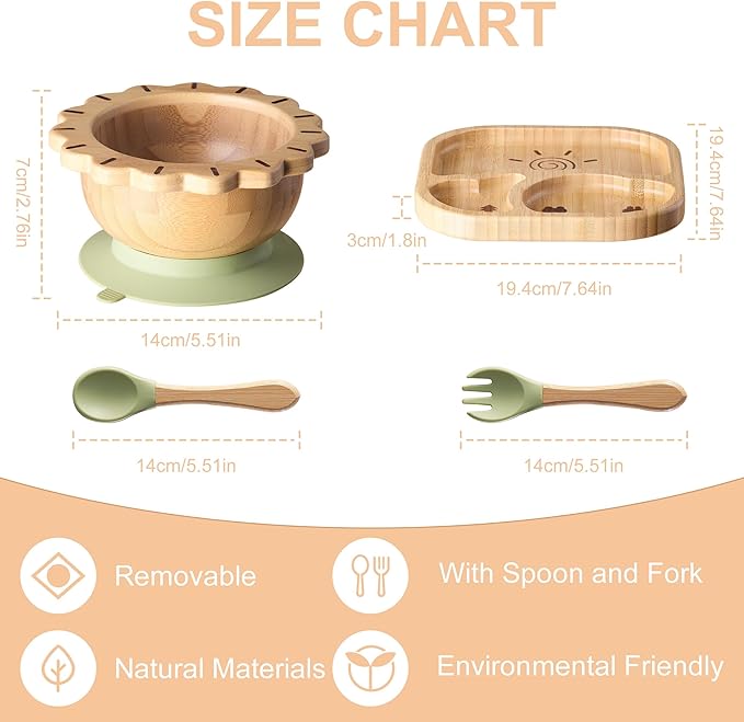 Suction Plates Bowls Set for Baby Toddler Non-Toxic Bamboo Feeding Set with Silicone Fork & Spoon (Green Feeding Set)