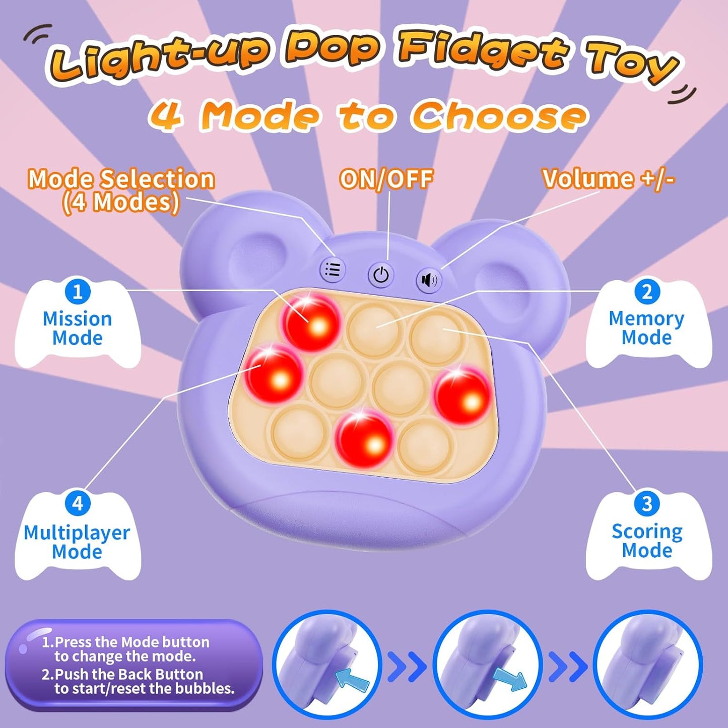 Fast Push Bubble Game, Light-up Pop Game Fidget Toys for Kids and Adults, Electronic Handheld Games, Stress Relief Toys for 6 7 8 9 Year Old Boys & Girls (Purple)