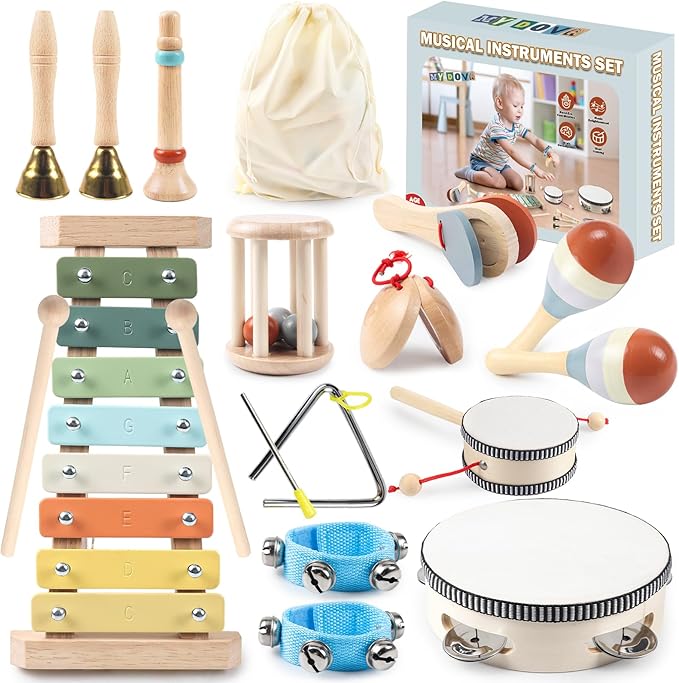11 in 1 Baby Musical Instruments-Montessori Wooden Toys for Toddlers 1-3, Neutral Colors Percussion Instruments with Modern Boho Xylophone for Kids Preschool Educational 3+ with Storage Bag