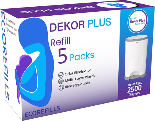 ECO-REFILLS Diaper Pail Refills - Fits Dekor PLUS Extra Thick, Powerful Odor Elimination & Fresh Powder Scent | Easy to Replace and Dispose of Diaper Bag (5 Count (Pack of 1))