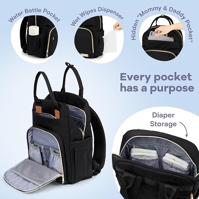 RUVALINO Diaper Bag Backpack, Multifunction Travel Pack Maternity Baby Changing Bags, Large Capacity, Waterproof, Deep Black, Polyester