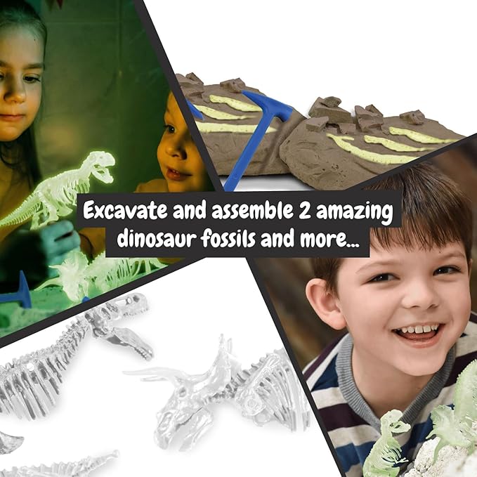 Science4you Dinosaur Fossil Excavation Kit 2 in 1 - Glow-in-The-Dark Fossil Digging Kit for Kids, Build 2 Dinosaur Fossils, 22 Pieces, Archeology Set - Dinosaur Toys, Games for Boys and Girls Age 6+