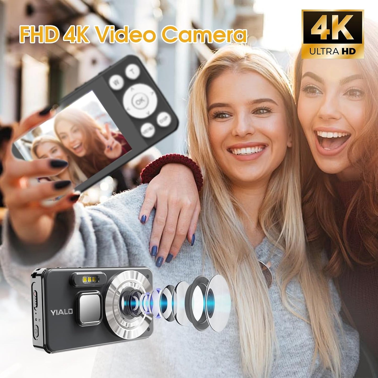 4K Digital Camera for Teens, FHD 64MP Digital Camera for Kids with 64GB SD Card, 18X Digital Zoom Cameras for Photography, Point and Shoot Video Camera for Kids, Black