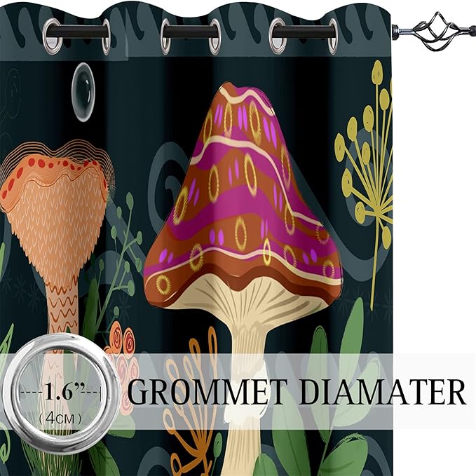 Mushrooms Curtains Panels for Kids Room Green Mushroom Blackout Curtains 63 inch Length for Kids Bedroom Living Nursery Room Grommet Top Thermal Insulated Curtains, 2 Pcs Panels, 82" x 63"
