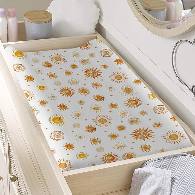 Watercolor Suns Totem Changing Pad Covers Boho Sunshine Diaper Changing Table Sheets for Girl Boy Golden Suns Soft Breathable Stretchy Snug Fitted Baby Changing Pad Table Mats 32''x16''