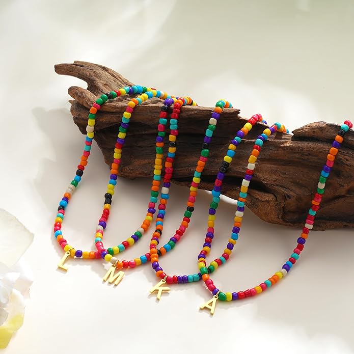 Colorful Initial Necklaces for Girls Kids Women, Cute Beaded Initial Necklace Teen Girl Gifts Trendy Stuff, Bohemian Letter Necklace Birthday Gifts for Women Girls Jewelry