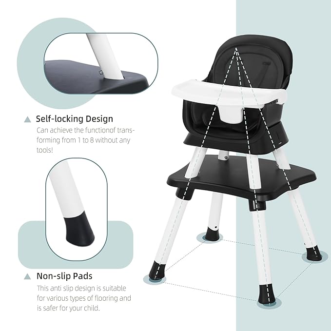 8 in 1 Baby Highchair, Convertible High Chair for Babies and Toddlers, Booster Seat w/5-Point Safety Belt, Toddler Building Block Table, Dishwasher Safe Tray, No Tool Install, Black