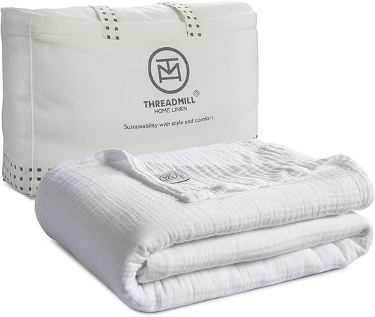 Threadmill Summer Queen Size Blanket| 4 Layer Cotton Gauze | Lightweight, Breathable, and Cozy for All Seasons | Versatile Muslin Blanket for Couch, Bed | White
