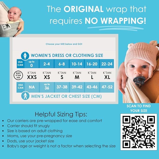 Breeze Baby K'tan Baby Carrier, #1 Easy Pre-Wrapped Baby Sling Gift | Breathable 100% Cotton Mesh | Hands Free Wrap for Infants | No Rings Or Buckles | Charcoal | Large