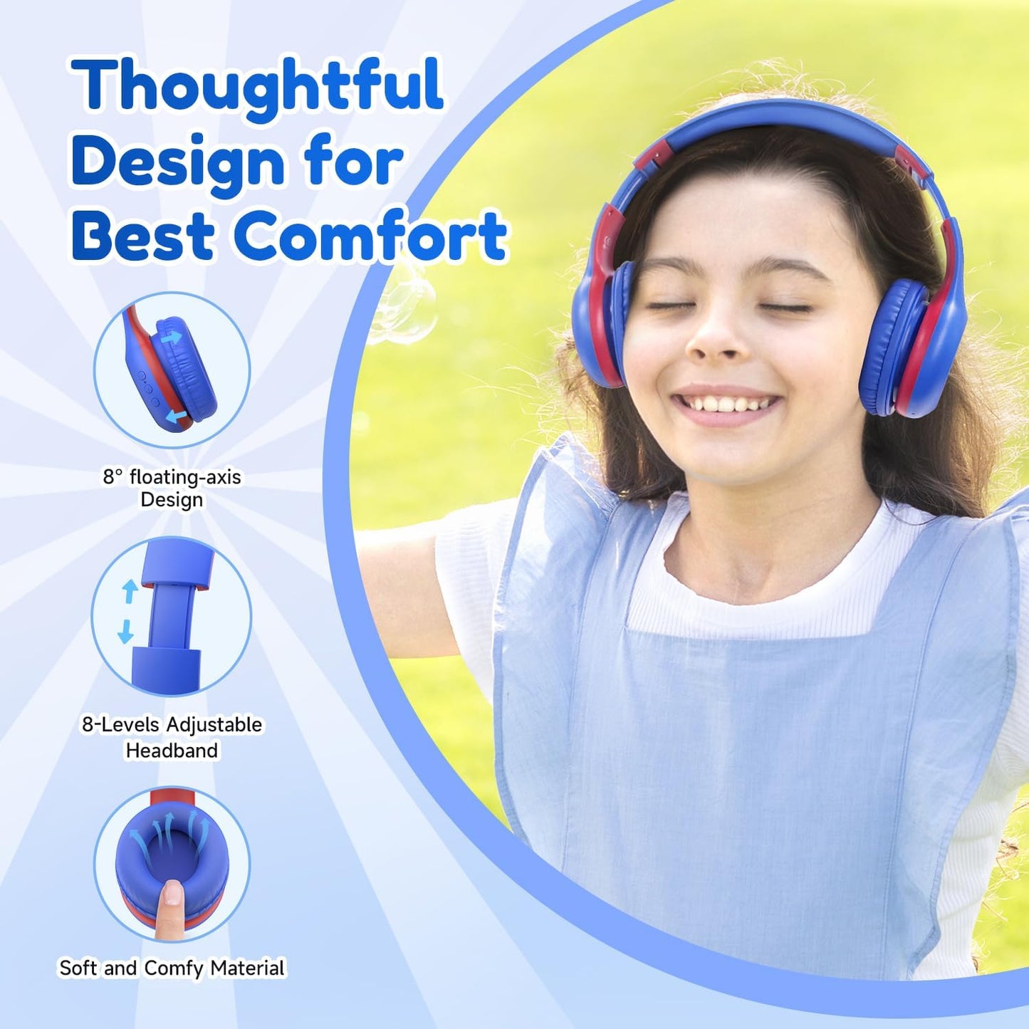 EarFun K2 Kids Bluetooth Headphones, Kids Headphones with Volume Limited, 40H Playtime, Built-in Mic, Stereo Sound, Foldable Over-Ear Headphone for School/Travel/iPad/Tablet, Blue