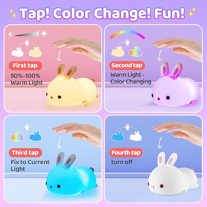 One Fire Bunny Christmas Night Light for Kids, 16 Colors Cute Lamp, Soft Silicone Baby Night Light, 1200mAh Portable Dimmable Touch Lamps, Kawaii Room Decor Stuff, Gifts for Christmas|Halloween|Easter