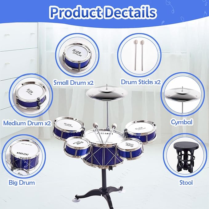 Tinylife Kids Drum Set, Toddlers Musical Toys Drum Kit with 5 Drums, Stool, Sticks and Cymbal Kids Musical Instruments Toy Set for 2 3 4 5 Year Old Boys Girls Gifts