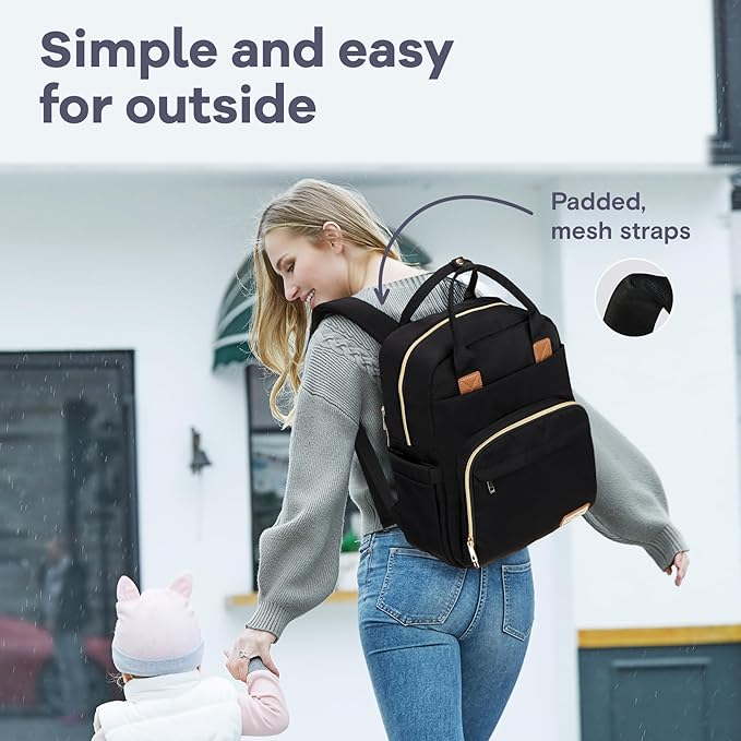RUVALINO Diaper Bag Backpack, Multifunction Travel Pack Maternity Baby Changing Bags, Large Capacity, Waterproof, Deep Black, Polyester