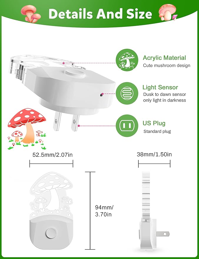 Mushroom Night Light [2 Pack], Plug in Lamp, 8 Color Changing LED Night Lights for Adults Kids Baby Children NightLight Wall Mushroom Decor Lamp for Bedroom Bathroom,Toilet,Stairs,Kitchen,Hallway