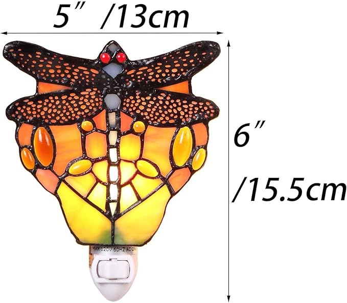 Bieye L11401 Tiffany Style Stained Glass Dragonfly Wall Lamp with Plug-in Night Light Socket for Home Decor