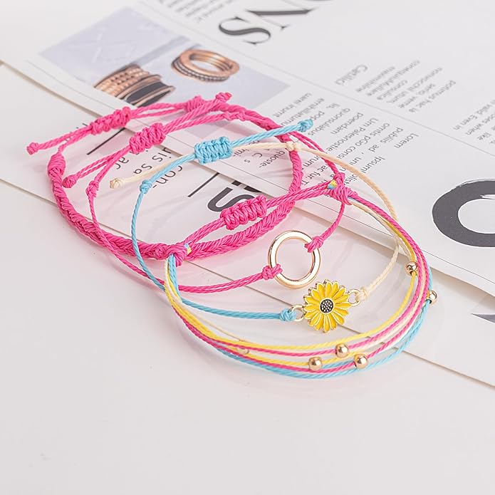 FANCY SHINY Sunflower String Bracelet Boho Braided Rope Wrap Bracelets Cute Summer Beach Surfer Jewelry for Women Christmas Gifts