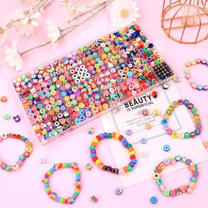 1060pcs Polymer Clay Beads Charms Kits 28 Styles Cute Fun Clay Beads Charms Flower Butterfly Heart Letter Pony Beads Charms for Women Girls Bracelet Necklace Earring Making