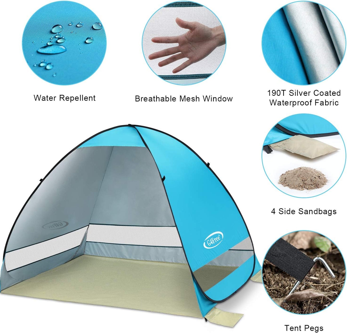 G4Free Large Pop up Beach Tent for 3-4 Person, UPF 50+ Automatic Sun Shelter Canopy Portable Outdoor Cabana Sun Umbrella