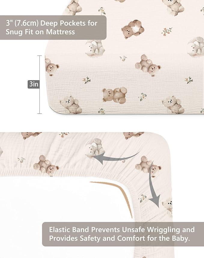 Pack and Play Sheets for Baby Boy and Girl 2 Pack, Neutral Muslin Cotton Pack N Play Mattresses Sheet 27"x39", Muslin Nursery Bedding Soft and Breathable Comfort (Teddy & Friends)