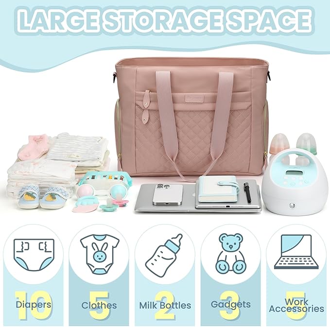 Diaper Bag Tote for Working Mom, Large Travel Diaper Tote for Mom and Dad with 14 Inch Laptop Sleeve, Mommy Maternity Travel Baby Bag for Boys and Girls, Pink