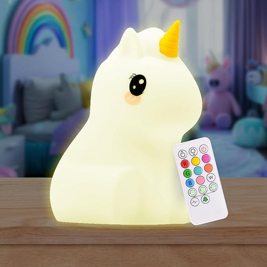 Lumipets Remote Control Silicone Night Light for Kids - Unicorn Design with 9 Soft Colors & Sleep Timer - Rechargeable, Battery-Operated Lamp for Bedroom | Baby Nursery, Toddler, Girls, Boys