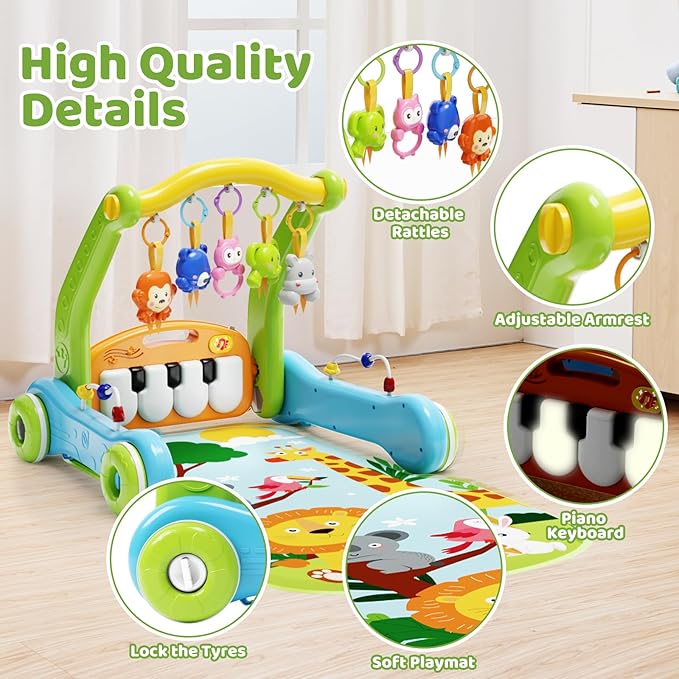 Baby Gym Play Mat with Walker, 2 IN 1 Kick and Play Piano Activity Center with Light & Music, Tummy Time Mat & Baby Push Toys for 0-6 12-18 Months, Sit-to-Stand Learning Walker for Infant Toddler Gift