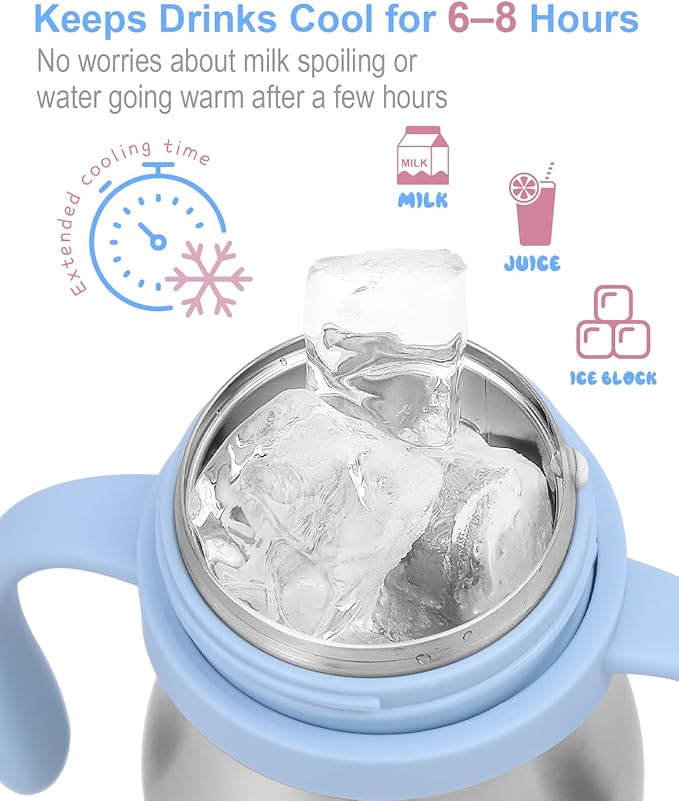 Stainless Steel Straw Sippy Cup for Toddlers 1-3 Years Old, Insulated Toddler Water Bottle Baby Training Tumbler with Handles, 8oz Kids Straw Cups for Travel, Daycare & At Home, Blue