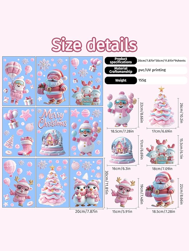 9 Sheet Christmas Pink Window Decorations - Merry Christmas Window Clings for Glass Windows, Santa Claus Snowflake Christma Windows Stickers Decals for Indoor Home Xmas Holiday Winter Party Decor
