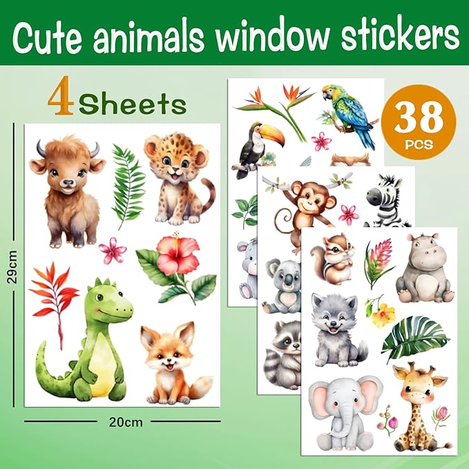 38 Animal Window Clings, Cute Elephant, Monkey, Bird Window Stickers, Perfect for Parties, Decorating Rooms, Living Rooms, Kitchens, bathrooms, refrigerators, Tile Stickers