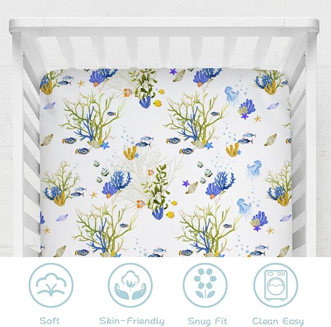 Colorful Undersea Fishes Jellyfish Sea Weeds Baby Crib Sheet 52''x28'' Nautical Life Fitted Crib Mattress Cover for Boy Girl Nursery Toddler Bed Sheets for Standard Crib and Toddler Mattresses