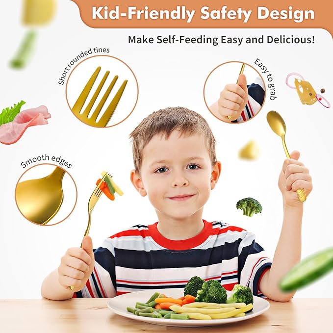 DRKIO Stainless Steel Toddler Utensils Set - 12 Pieces Kids Silverware Set Children Safe Food Grade Small Forks and Spoons Dishwasher Safe Mirror Polished