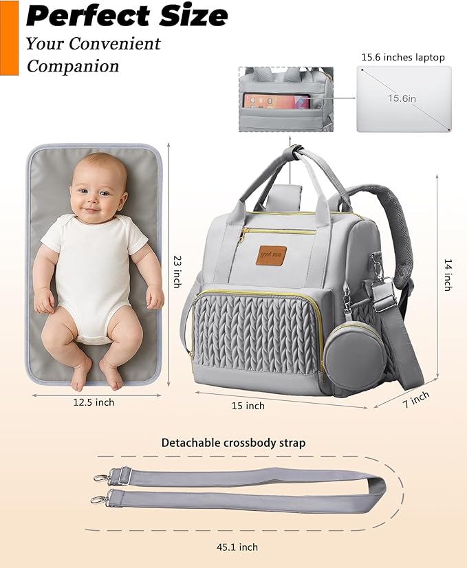 Backpack Diaper Bag,Stylish Waterproof Baby Diaper Bags with Changing Pad,Insulated Pockets,Multi-Function Travel Diaper Backpacks,Newborn Essentials, Grey