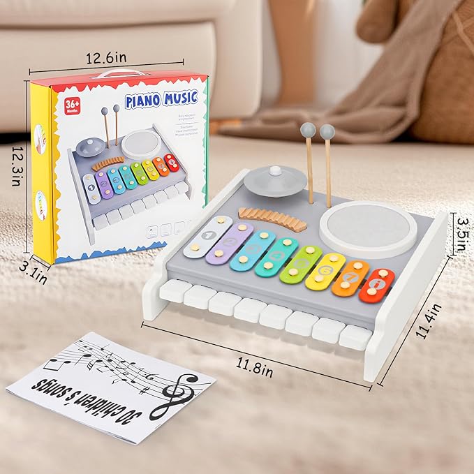 Kids Musical Instruments Piano Drum Set - 5 in 1 Montessori Toys for Toddler Baby, Wooden Music Kit with Piano Keyboard Xylophone, Preschool Educational Sensory Toys, Gifts for Boys Girls