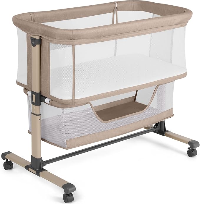 Cowiewie Bassinet Bedside Sleeper, Portable, Breathable, Adjustable Baby Bedside Bassinet for Peaceful Nights, Beige