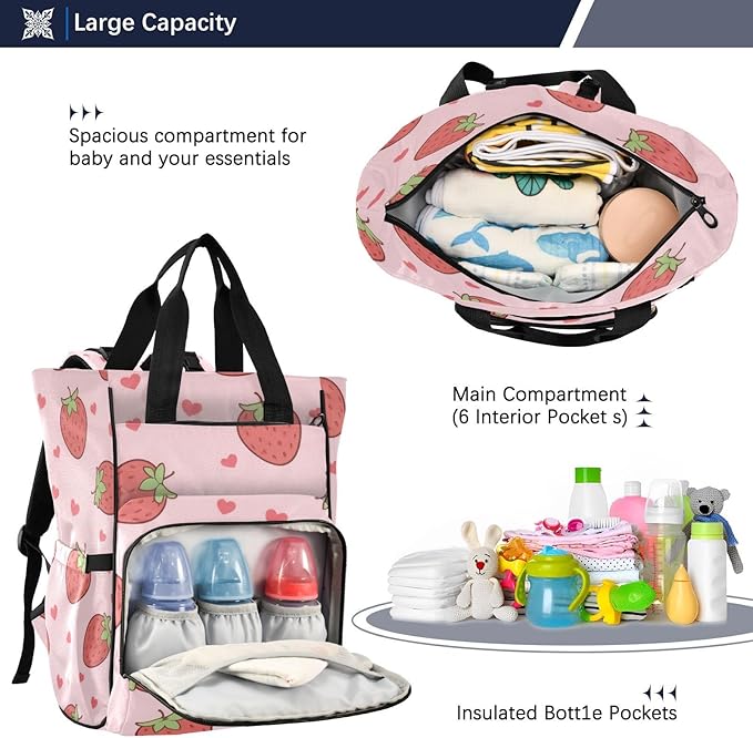 Cute Pink Strawberry Diaper Bag Backpack, Unisex Travel Baby Backpack Diaper Bags with Stroller Straps & Pacifier Case, Large Capacity Waterproof Diaper Backpack