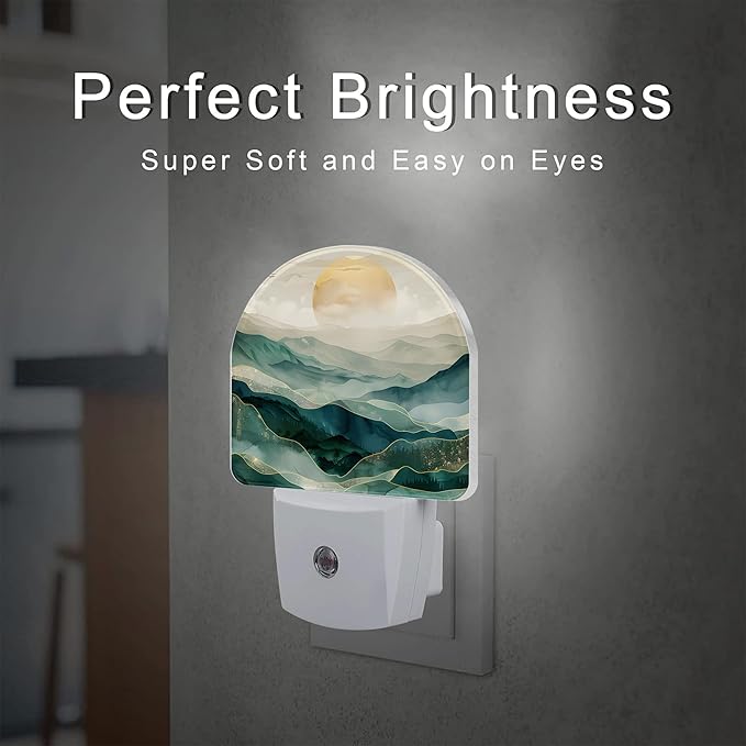 Golden Mountains with Sun Night Light for Kids,Watercolor Sunrise Mountain Night Light Plug in with Dusk to Dawn Sensor,0.5w Energy Saving Nightlight for Hallway Stairway Kitchen Bedroom