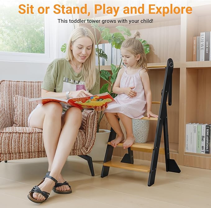 COSYLAND Foldable Toddler Kitchen Stool Helper - Height Adjustable Standing Tower for Bathroom Sink or Kitchen Counter - Step Stool for Toddlers Ages 18 Months to 6 Years Black & Natural