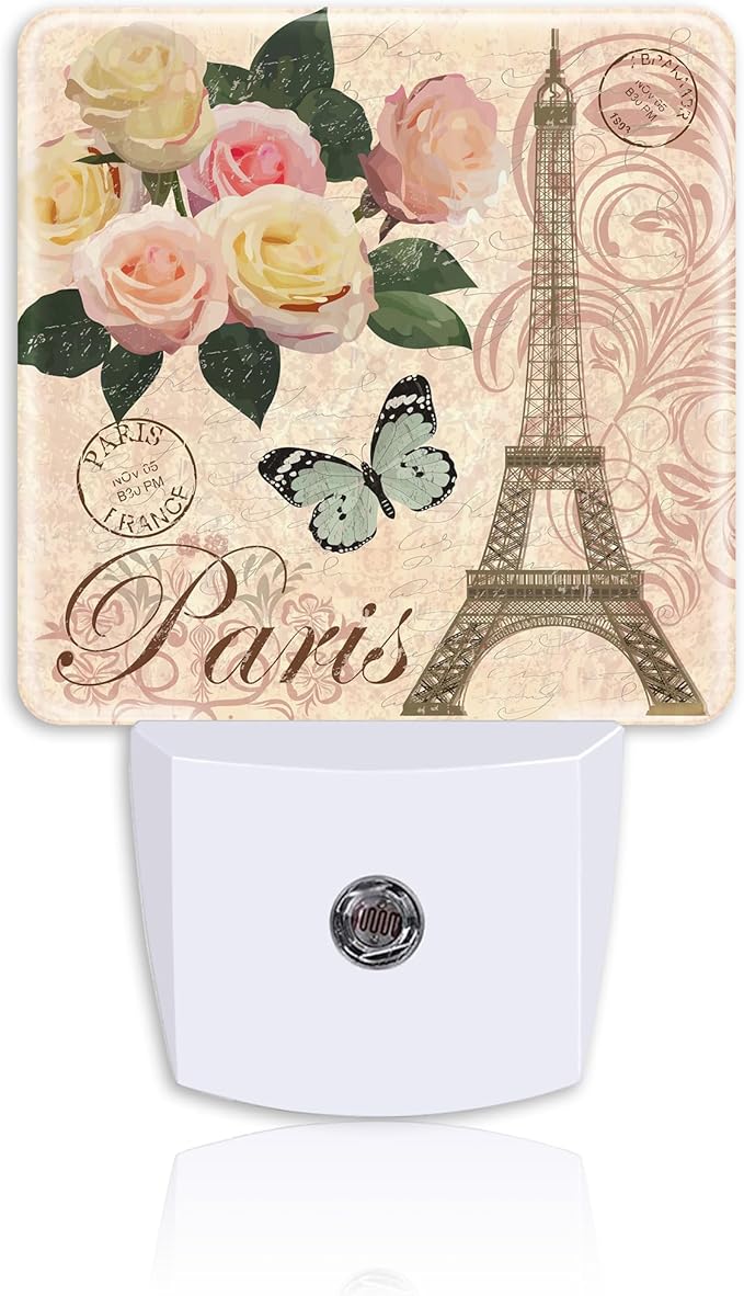 Vintage Paris Night Light Plug Wall,Floral Butterfly LED Night Lights with Dusk to Dawn Light Sensor for Women Girls Boys Room Decor,Hallway,Kitchen,Bathroom,Nursery,Stairs