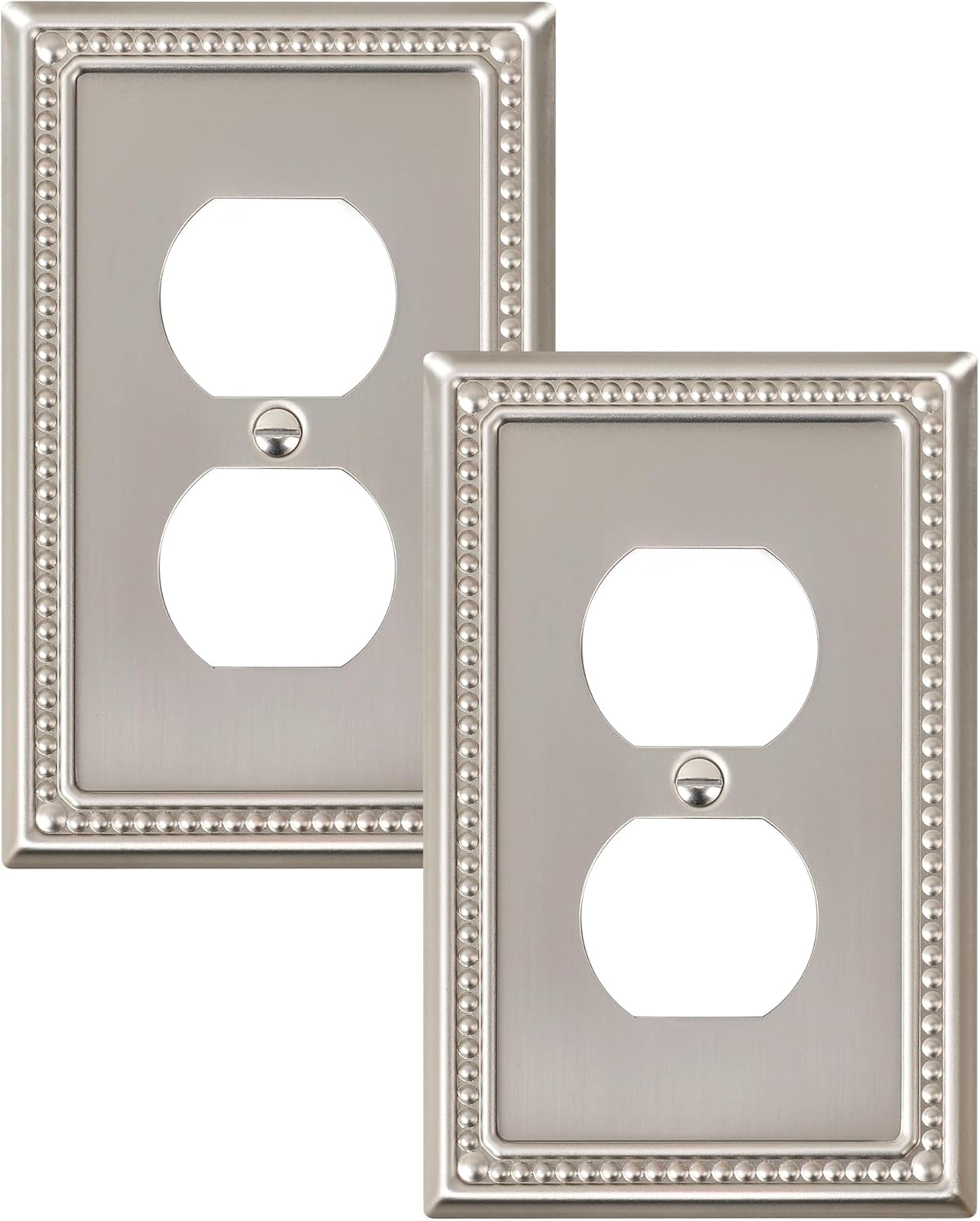 2-Pack Duplex Outlet Cover Plate, Metal Wall Plates for Electrical Outlets, Brushed Nickel 1 Gang Receptacle Cover, Pearls Decorative Switch Plates and Outlet Covers