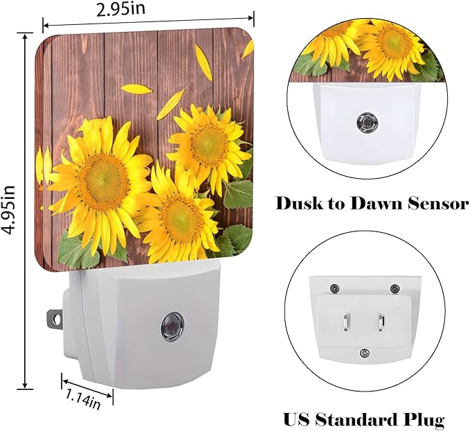 Vintage Wooden Sunflower Night Light,Plug Into Wall with Dusk to Dawn Light Sensors, Warm Nightlights for Bedroom, Bathroom, Hallway, Kitchen, Gifts Ideal for Boys Girls Women Men