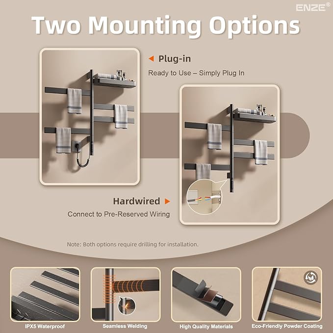 ENZE Smart Rotating Heated Towel Rack for Bathroom, Wall-Mounted Electric Towel Dryer with Swivel Bars & Shelf, Smart Timer, Low Carbon Steel, Plug-in/Hardwired, Towel Warmer with Wi-Fi App Control
