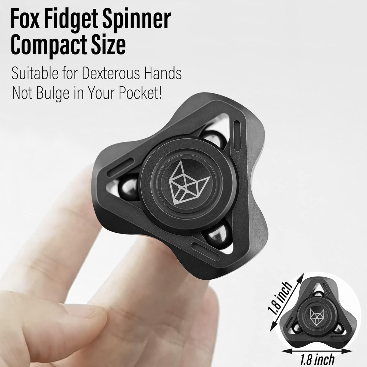 FREELOVE Upgraded Fox Metal Fidget Spinner for Adults, Steel/Glow Balls Clicking Noise, Mini Small Tiny Pocket Tri Finger Gyro, Long Spinning Premium Bearing Toy, Stainless Steel CNC, Stone Black