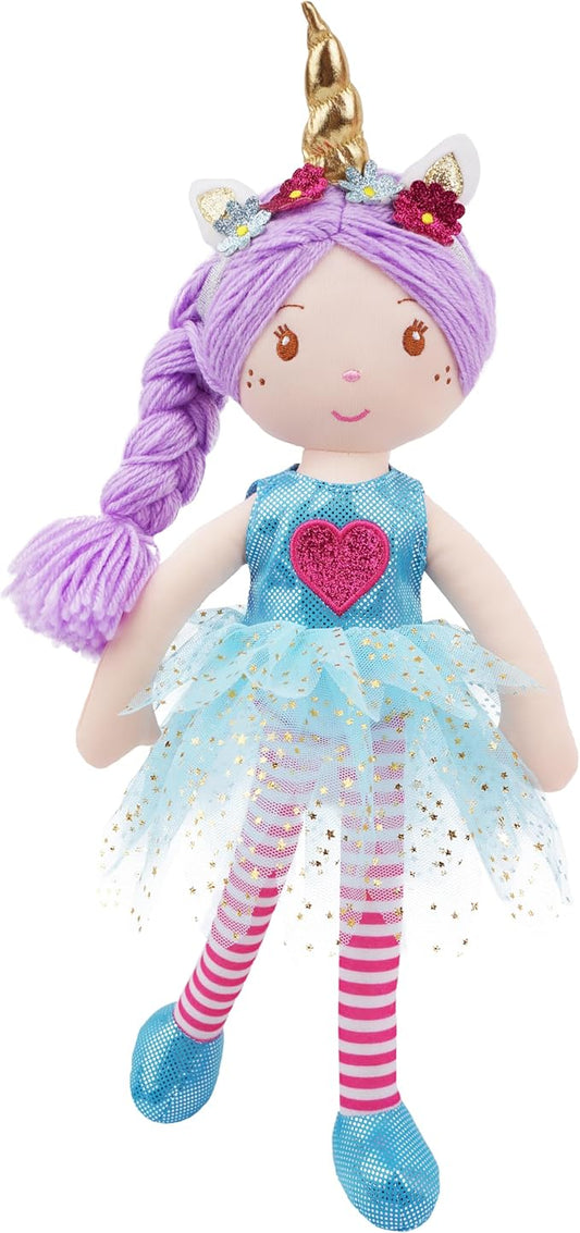 June Garden 16" Unicorn Doll Myra - Purple Hair Plush Rag Doll for Toddler Girls - Soft Companion Gift for 2+ Years - Blue Dress