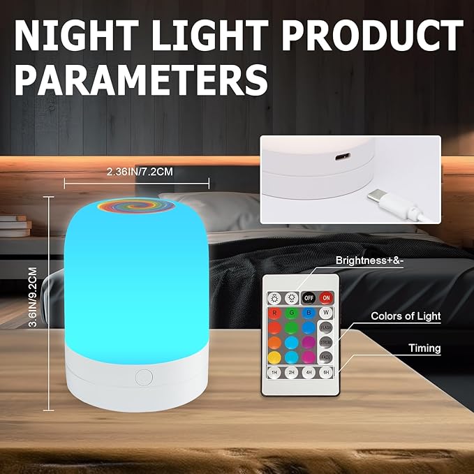 Small Kids Night Light, 13 Color Dimmable LED Lamp, Portable Stepless Dimming, Color Changing Touch Nursery Lamp, Rechargeable Toddler Night Light